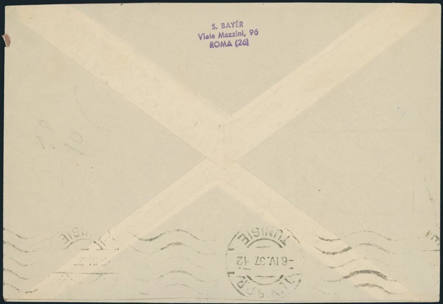 1937 ITALIAN LIBYA FIRST ALA LITTORIA FLIGHT COVER FROM TRIPOLI TO TUNIS - Image 2 of 2