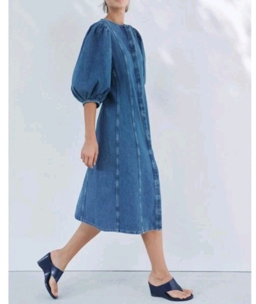zara denim puff sleeve dress ZARA denim midi dress with puff sleeves Size Large New