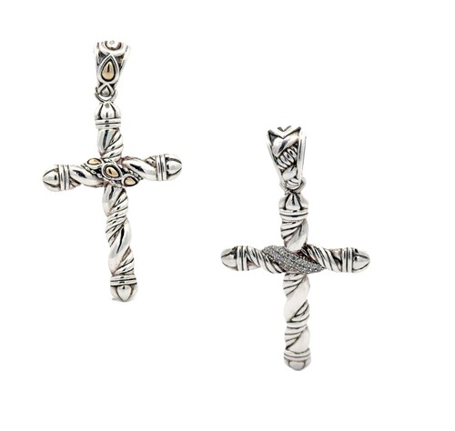  John Hardy JAI 925 Silver & 14k Yellow Gold Double Sided Cross Pendant 