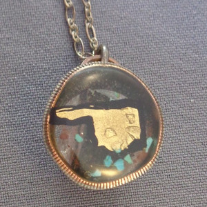 Handmade Artisan Pendant Mixed Media State of Oklahoma Gold Turquoise Amethyst