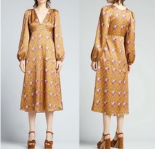 LoveShackFancy Kinnear Satin Dress Ruby Goldmine Floral V-neck Size 2 $595 NEW