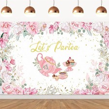 Let's Partea Backdrop Spring Pink Floral Tea Party Birthday Photo Background