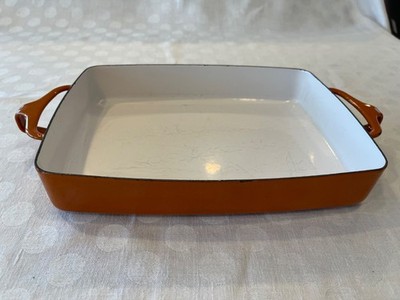 Orange Dansk Enamel  Baker, IHQ/France, 10 15/16  x 8 1/4  -14  Handle to Handle