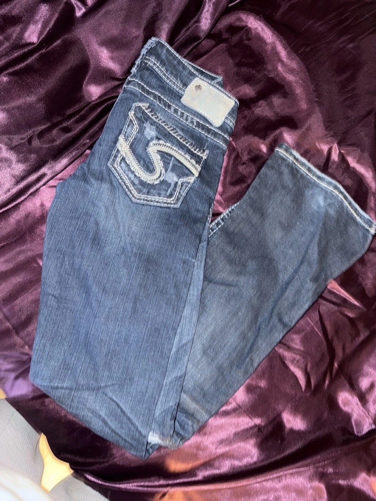 Vintage Silvers Womens Distressed Dark Blue Bootcut Jeans Size 24