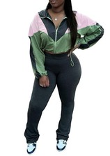 Women's 2 Piece Sweatsuit Outfits Color Block Zip Up Cropped Jackets Flare Le...