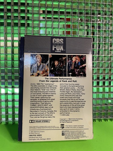 The Who Rocks America 1982 American Tour VHS CBS/FOX Drawer Box 1st Release 122 - Picture 2 of 4