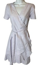NEW GAP Lavender Purple White Stripe Wrap Dress M Ruffle Short Sleeve Linen NWT