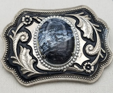 Vintage Western Belt Buckle with Picture Jasper Cabochon Floral Design