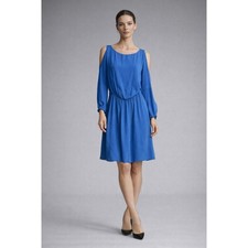 Alice + Olivia Blue Cold Shoulder Long Sleeve Dress Flowy Waist Cinched A-Line