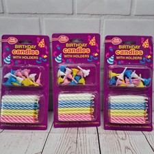 VTG Betty Crocker Birthday Candles With Holders 2.5" Striped Candles Pink Yellow