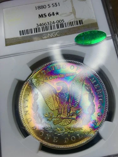 1880 S MORGAN DOLLAR! NGC MS64 STAR CAC! BANK BAG TONED! NEON GREEN! NR #CVIP14