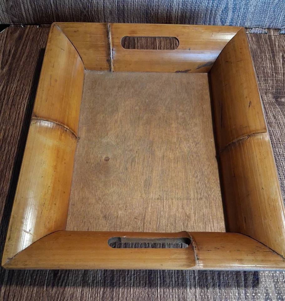 Rustic Bamboo Serving Table Tray Vintage Handles 15.5” X 13" - Image 3 of 4
