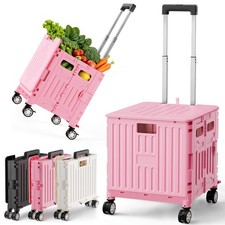 Folding Utility Cart Pink Rolling Crate with Wheels Lid Collapsible Shopping Tea