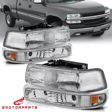 Chrome Housing Headlights w/Bumper Lamp For 99-02 Chevy Silverado 00-06 Suburban