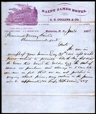 1873 Batavia NY - Saint James Hotel - A G Collins & Co - Rare Letter Head Bill