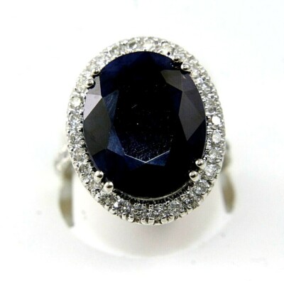 Natural Oval Blue Sapphire & Diamond Halo Solitaire Ring 14k White Gold 14.31Ct