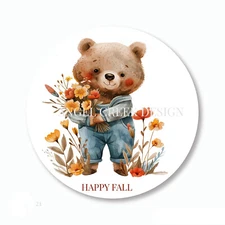 Happy Fall Autumn Teddy Bear Daisies Labels Stickers Envelope Seals Labels