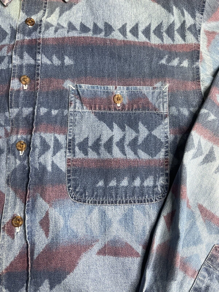 Jansport Button Up Long sleeve Shirt Denim Aztec Y2K 90s AllOver Cotton Sz M Vtg - Image 2 of 4