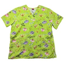 Disney Scrub Top Women's Large Green Cheshire Cat Halloween Short Sleeve Pockets