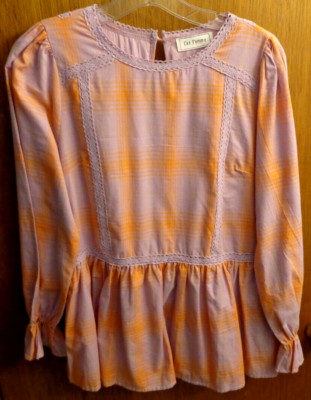 New Ces Femme Purple Orange Check Lace Trim Peplum Top Women M 36'' chest