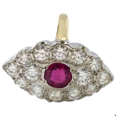 Rubin und Diamant Ring in Augenform Nachlass in 14k Gelb- und Weißgold, Gr.