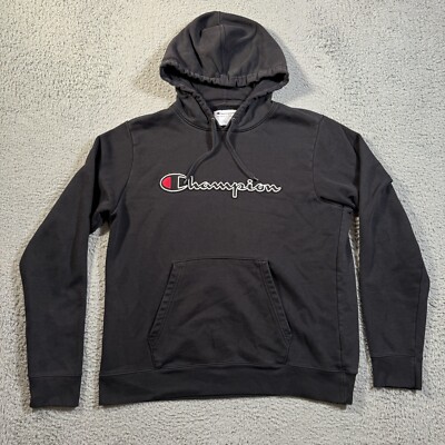 Champion Athleticwear Hoodie Men Large Black Script Logo Patch Pullover Spellout