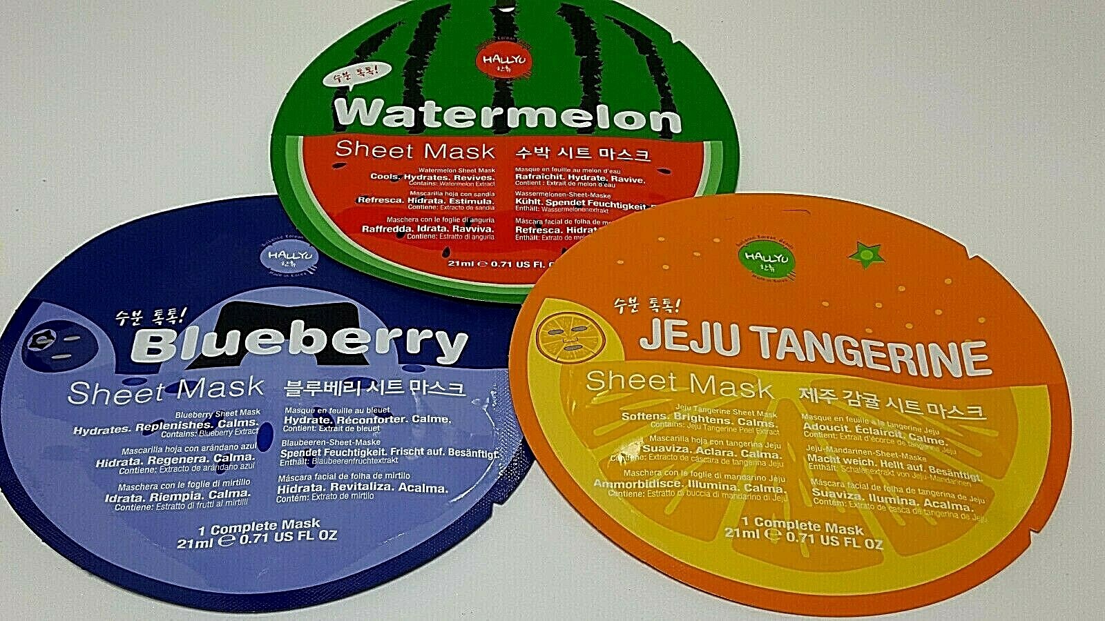 Hallyu Sheet Mask Watermelon, Blueberry, Jeju Tangerine Face Skin Care Lot of 3-image