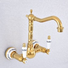 Luxury Gold Brass Wall Mount Bathroom Kitchen Sink Faucet Swivel Spout Mixer Tap