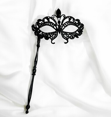 Butterfly Mask with Stick, Masquerade Ball Mask, Black Crystal Masquerade Mask