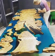 Clear Blue Resin Dining Table Top Live Edge Wooden Living Room Furniture Decors