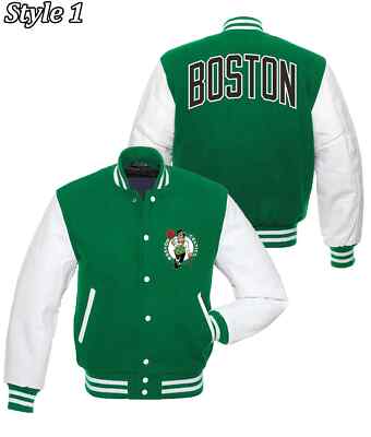  with tags Mens Letterman Boston Celtics Green and White Varsity Bomber Jacke