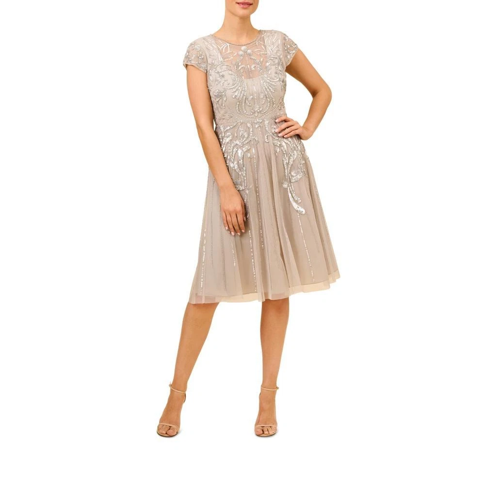 Aidan Mattox Women Fit & Flare Knee Length Dress Short Sleeve Beaded Solid A6263 - Image 2