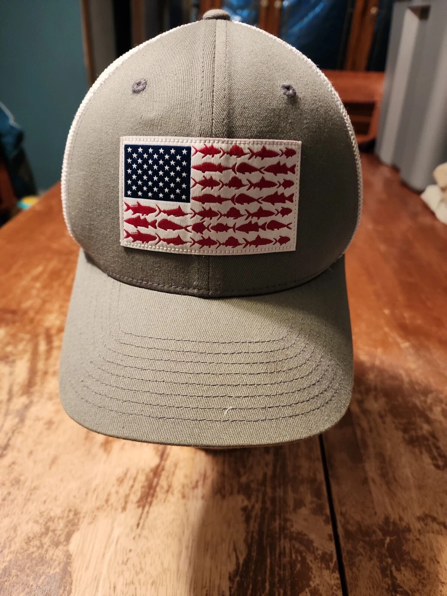 Columbia PFG hat American flag patch with fish. Sz S/M mesh back fitted hat.