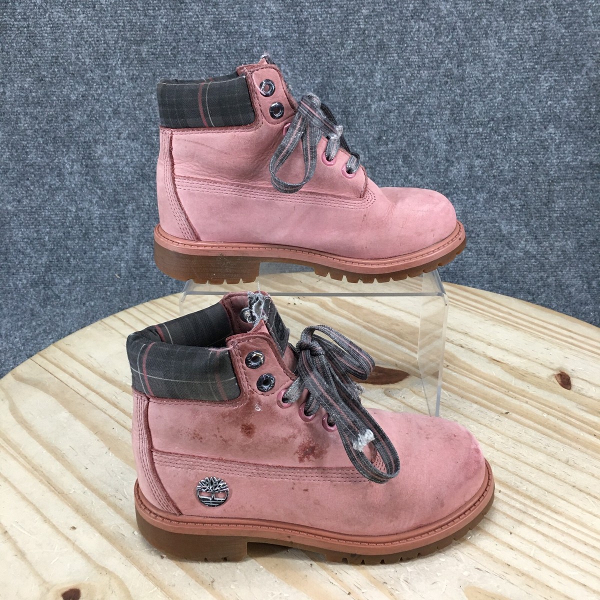 Timberland Boots Youth Girls 13 Premium Plaid Combat Pink Leather Waterproof