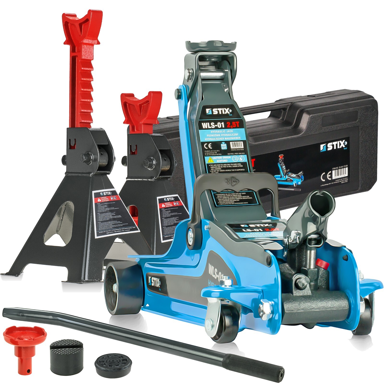 Cric idraulico 2,5T 85-365mm con valigetta + 2x cavalletti di supporto