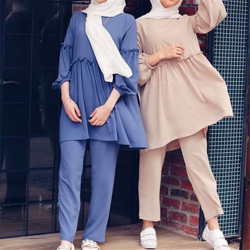 Islamic Muslim Women Two Piece Set Long Blouse Pants Dress Abaya Kaftan Dress - Picture 7 of 17