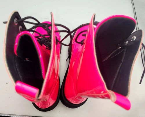 Neon Hot Pink Black Patent Leather Combat Platform Boots Sz 9 Rave Party Shiny - Picture 22 of 24