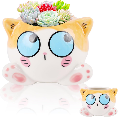 Cute Cat Succulent Plants Pots - Small Ceramic Planter Pots with Drainage Hole,C