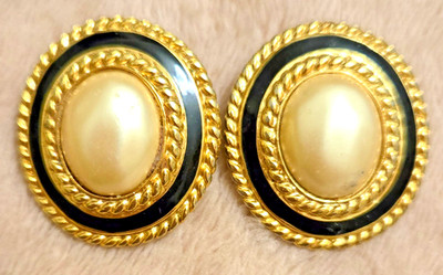 CAROLEE Vintage Large Faux Pearl Black Halo Runway Earrings