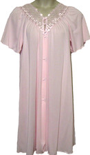 VTG Shadowline Pink Button Up Robe Womens M Flutter Sleeves Embroidered USA