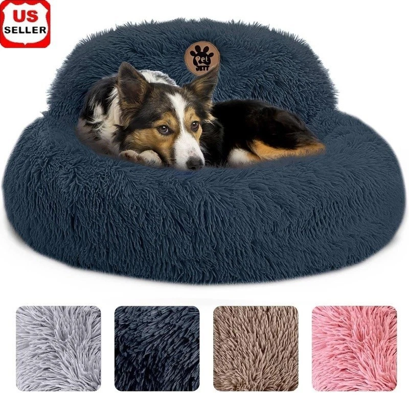 Luxury Faux Fur Dog Bed W/ Support Pillow Anti-Anxiety Round Pet Bed Washable US