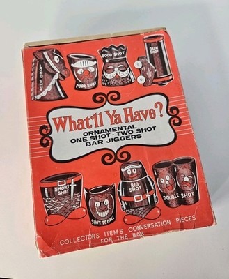 Vintage Barware What'll Ya Have? 8 Pc Ornamental Shot Glasses Made In Japan