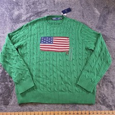 Polo Ralph Lauren Cable Knit Iconic USA Flag Sweater Mens XXL Green Patriotic