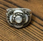 Vintage 925 Thai Sterling Silver Marcasite Mother of Pearl Ring Art Deco Sz 8