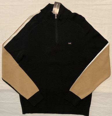 Men's Michael Kors 1/4 Zip Cotton Sweater Black Gold & White Size