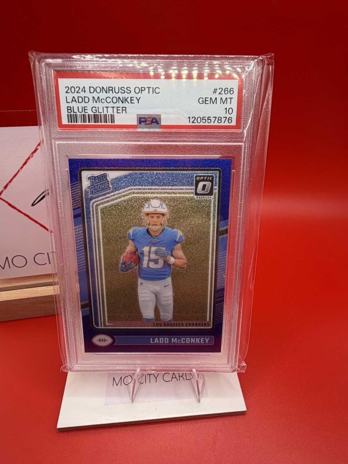 2024 Optic Blue Glitter Ladd McConkey #266 Rookie RC PSA 10 SSP Chargers