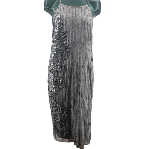 Adrianna Papell Neckholder Perlen Pailletten Midi Abendkleid Silber Damen 14 3130