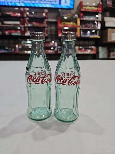 Mini Coca-Cola Green Glass Bottles Salt & Pepper Shakers Vintage Look Metal Lids