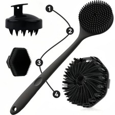 Bath Brush Set 4pcs Long Handle Silicone for Body Back Face Gentle Deep Massage