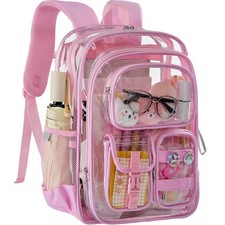 Pink Clear Backpack for School,Heavy Duty PVC Transparent Bookbag for Stadium...